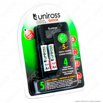 Uniross Caricabatterie Rapido per AA / HR6 - AAA / HR03 con 4 Batterie AA 2100 Series e Cavo Micro USB