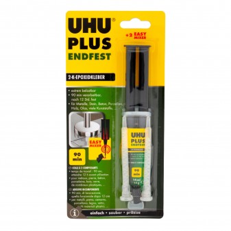 UHU Plus Endfest 90 Minuti Adesivo Epossidico - Blister con Siringa a Doppia Camera 14ml + 2 Beccucci Miscelatori di Precisione