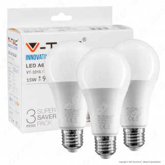 V-Tac VT-2015 Super Saver Pack Confezione 3 Lampadine LED E27 15W Bulb A65 - SKU 2819 / 2820 / 2818