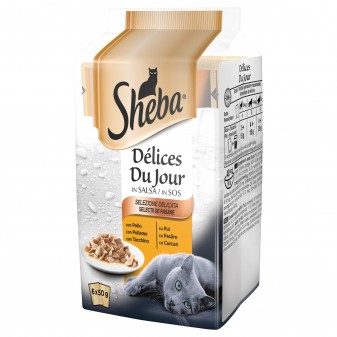 12 Confezioni di Sheba Delices Du Jour Selezione Delicata Cibo per Gatti al Gusto Pollo, Pollame e Tacchino - 72 Buste da 50g
