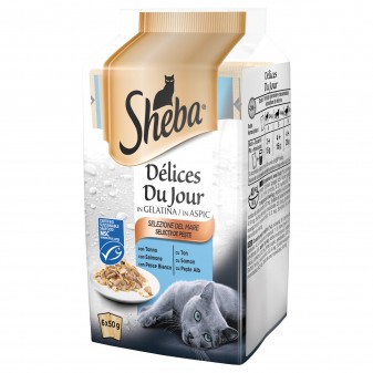 12 Confezioni di Sheba Delices Du Jour Selezione Raffinata Cibo per Gatti al Tonno, Salmone e Pesce Bianco - 72 Bustine da 50g0g