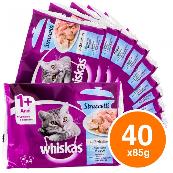 10 Confezioni di Whiskas Cibo per Gatti Straccetti di Salmone, Tonno 10 Confezioni di Whiskas Cibo per Gatti Straccetti di Salmone, Tonno