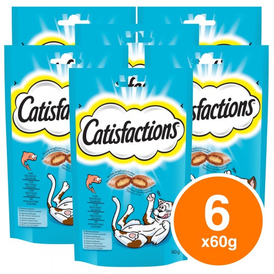 6 Confezioni di Catisfactions Snack al Salmone per Gatti da 60g 6 Confezioni di Catisfactions Snack al Salmone per Gatti da 60g
