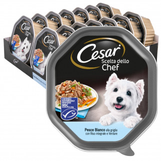 28 Vaschette Cesar Scelta dello Chef per Cani con Pesce Bianco Riso