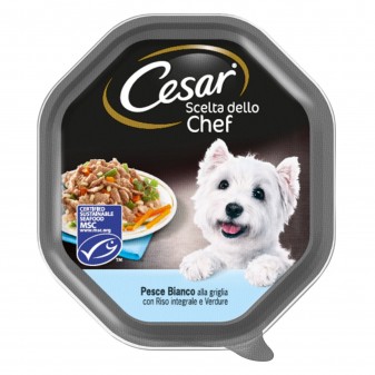 28 Vaschette Cesar Scelta dello Chef per Cani con Pesce Bianco Riso