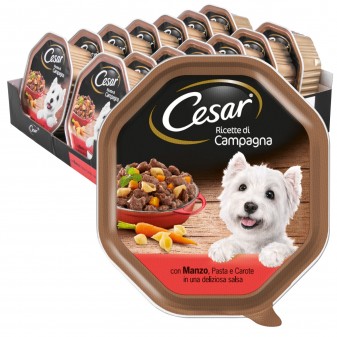 28 Vaschette Cesar Ricette di Campagna per Cani con Manzo Pasta e