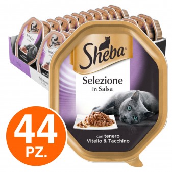 44 Vaschette Sheba Selezione in Salsa Cibo per Gatti al Gusto Vitello e Tacchino da 85g