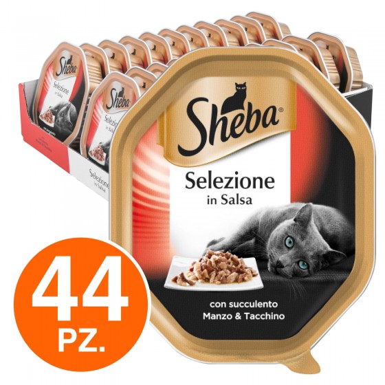 44 Vaschette Sheba Selezione in Salsa Cibo per Gatti al Gusto Manzo e Tacchino da 85g