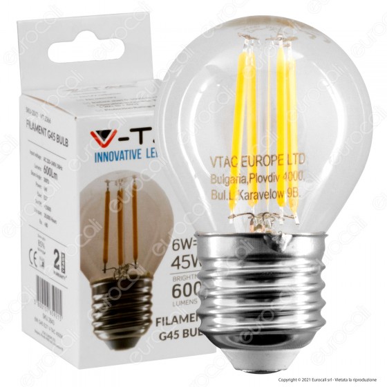 V-Tac VT-2366 Lampadina LED E27 6W MiniGlobo G45 Filament - SKU 2842 / 2843 / 2844 V-Tac VT-2366 Lampadina LED E27 6W MiniGlobo G45 Filament - SKU 2842 / 2843 / 2844
