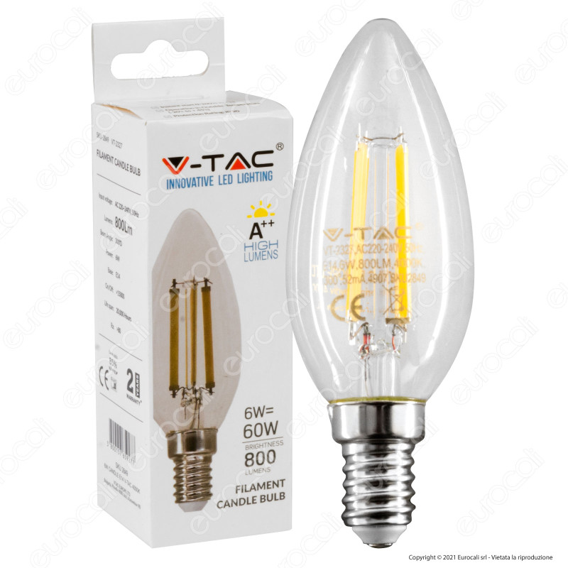V-Tac VT-2327 Lampadina LED E14 6W Candela Filament - SKU 2848 / 2849 / 2850
