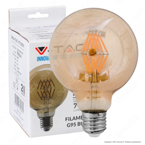 V-Tac VT-2019 Lampadina LED E27 8W Globo G95 Filamento Ambrata - SKU V-Tac VT-2019 Lampadina LED E27 8W Globo G95 Filamento Ambrata - SKU