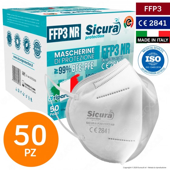 Sicura Protection 50 Mascherine Protettive Filtranti Monouso con Classe Protezione FFP3 in TNT Multistrato Sicura Protection 50 Mascherine Protettive Filtranti Monouso con Classe Protezione FFP3 in TNT Multistrato