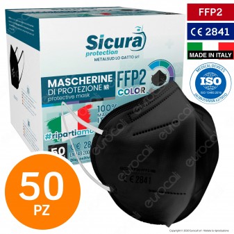 Sicura Protection 50 Mascherine Protettive Colore Nero Monouso con Fattore di Protezione Certificato FFP2 NR in TNT