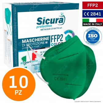 Sicura Protection 10 Mascherine Protettive Colore Verde Monouso con Fattore di Protezione Certificato FFP2 NR in TNT