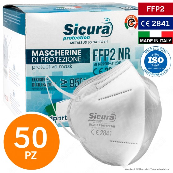 Sicura Protection 50 Mascherine Protettive Filtranti Monouso con Fattore di Protezione Certificato FFP2 NR in TNT Multistrato Sicura Protection 50 Mascherine Protettive Filtranti Monouso con Fattore di Protezione Certificato FFP2 NR in TNT Multistrato