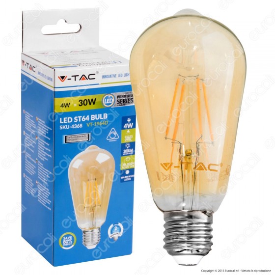 V-Tac VT-1964D Lampadina LED E27 4W Bulb ST64 Filamento Dimmerabile - V-Tac VT-1964D Lampadina LED E27 4W Bulb ST64 Filamento Dimmerabile -