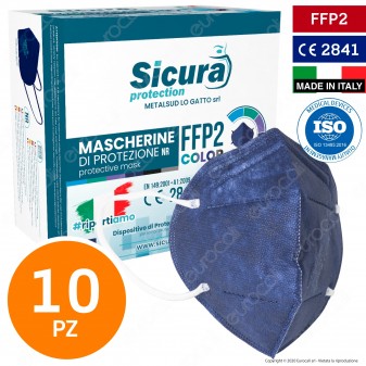 Sicura Protection 10 Mascherine Protettive Colore Blu Monouso con Fattore di Protezione Certificato FFP2 NR in TNT
