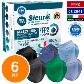 Sicura Protection 6 Mascherine Protettive Colorate Monouso con Fattore di Protezione Certificato FFP2 NR in TNT