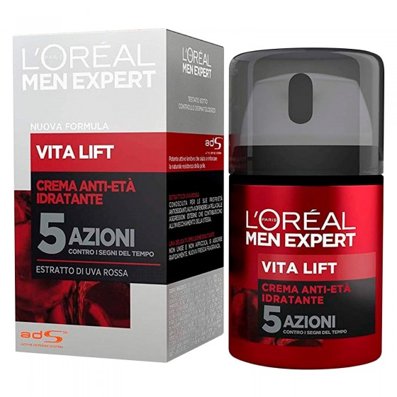 L'Oréal Paris Men Expert Vita Lift Crema Viso Idratante Anti-Età con Estratto di Uva Rossa - Flacone da 50ml L'Oréal Paris Men Expert Vita Lift Crema Viso Idratante Anti-Età con Estratto di Uva Rossa - Flacone da 50ml