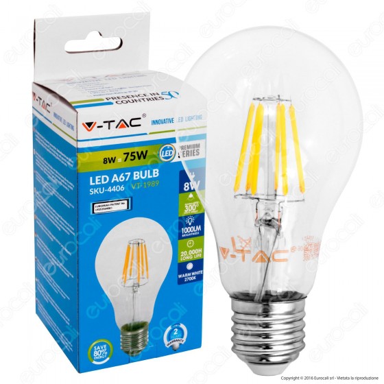V-Tac VT-1989 Lampadina LED E27 8W Bulb A67 Filamento - SKU 4406 V-Tac VT-1989 Lampadina LED E27 8W Bulb A67 Filamento - SKU 4406