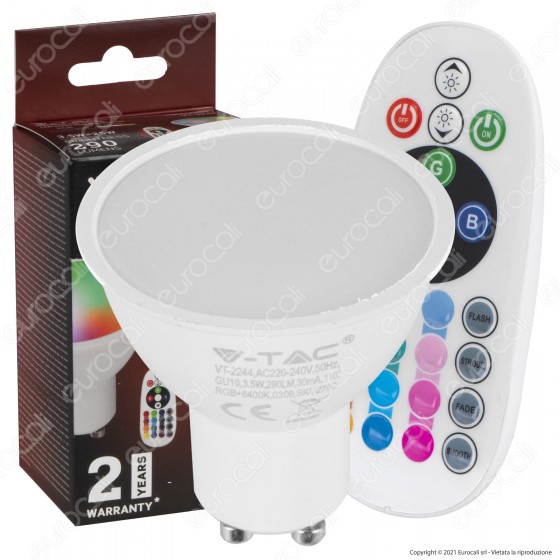 V-Tac VT-2244 Lampadina LED GU10 3,5W Faretto Spotlight 110° RGB+W con Telecomando - SKU 2778 / 2779 / 2780 V-Tac VT-2244 Lampadina LED GU10 3,5W Faretto Spotlight 110° RGB+W con Telecomando - SKU 2778 / 2779 / 2780
