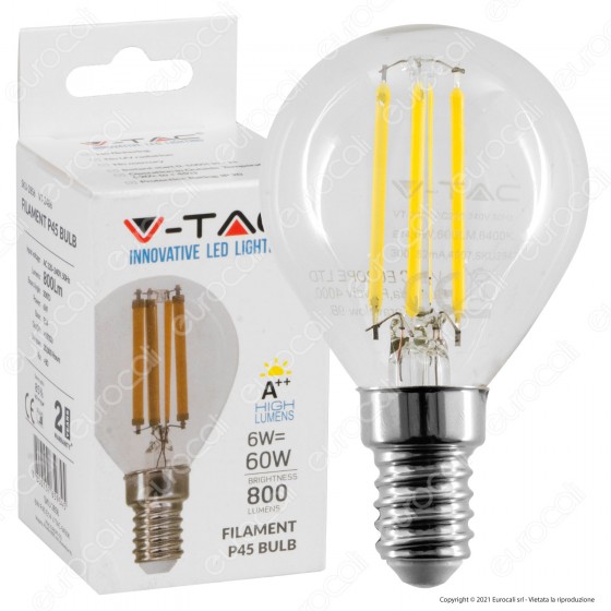 V-Tac VT-2486 Lampadina LED E14 6W MiniGlobo P45 Filament - SKU 2854