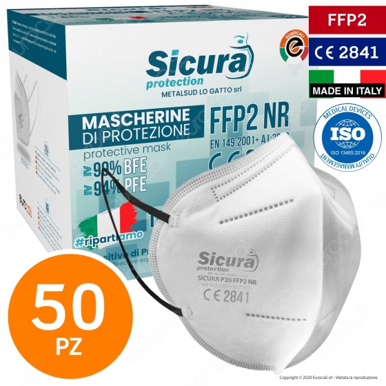 Sicura Protection 50 Mascherine Protettive Colore Bianco Elastici Neri Fattore di Protezione Certificato FFP2 NR in TNT