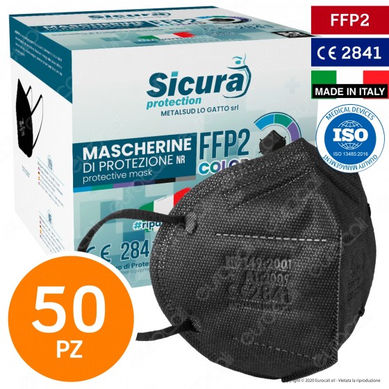 Sicura Protection 50 Mascherine Protettive Colore Nero Elastici Neri Fattore Protezione Certificato FFP2 NR in TNT Sicura Protection 50 Mascherine Protettive Colore Nero Elastici Neri Fattore Protezione Certificato FFP2 NR in TNT
