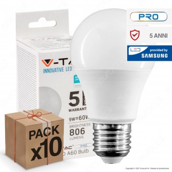 10 Lampadine LED V-Tac PRO VT-210 E27 9W Bulb A60 Chip Samsung - Pack