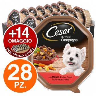 28 Vaschette Cesar Ricette di Campagna per Cani con Manzo Pasta e Carote + 14 Vitello e Pollo in OMAGGIO