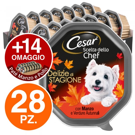 28 Vaschette Cesar Scelta dello Chef per Cani Delizie di Stagione Manzo Verdure Autunnali + 14 Vitello e Pollo in OMAGGIO