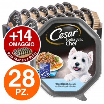 28 Vaschette Cesar Scelta dello Chef per Cani con Pesce Bianco Riso