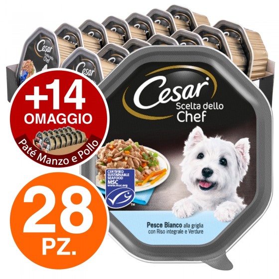 28 Vaschette Cesar Scelta dello Chef per Cani con Pesce Bianco Riso Integrale e Verdure + 14 Vitello e Pollo in OMAGGIO