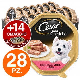 28 Vaschette Cesar Ricette Classiche per Cani con Vitello e Pollo +