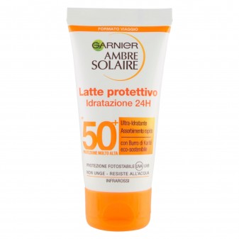 Garnier Ambre Solaire Latte Protettivo Idratazione 24h SPF 50+ Protezione Molto Alta con Burro di Karitè  - Tubetto da 50ml