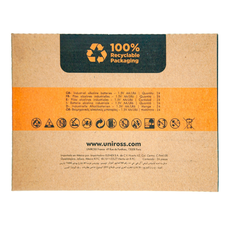 24 Pile Alcaline AA Uniross Industrial 1,5V, Confezione Box Per Telecomandi, Mouse E Giocattoli