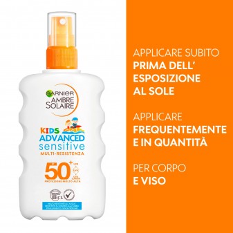 Garnier Ambre Solaire Kids Advanced Sensitive SPF 50+ Spray Multi Resistente Protezione Molto Alta Bimbi - Flacone da 200ml