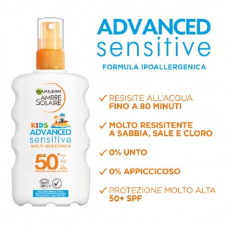 Garnier Ambre Solaire Kids Advanced Sensitive SPF 50+ Spray Multi Resistente Protezione Molto Alta Bimbi - Flacone da 200ml