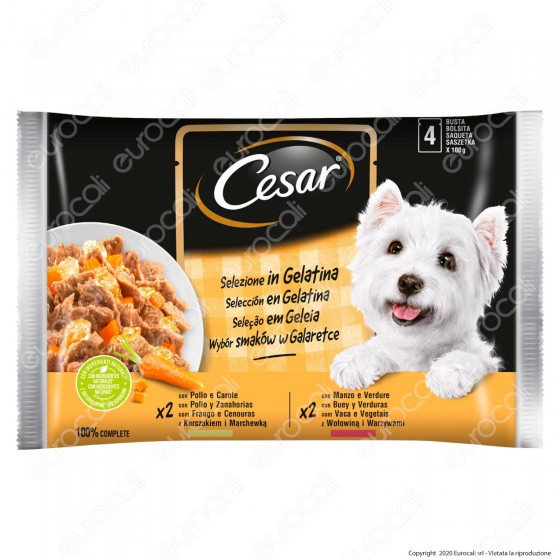 Cesar Selezione in Gelatina Cibo per Cani con Pollo e Manzo - 4 Buste da 100g Cesar Selezione in Gelatina Cibo per Cani con Pollo e Manzo - 4 Buste da 100g