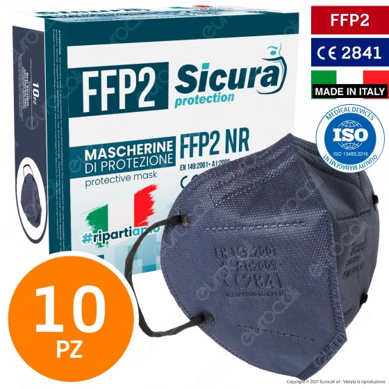 Sicura Protection 10 Mascherine Protettive Colore Blu Elastici Neri Fattore Protezione Certificato FFP2 NR in TNT