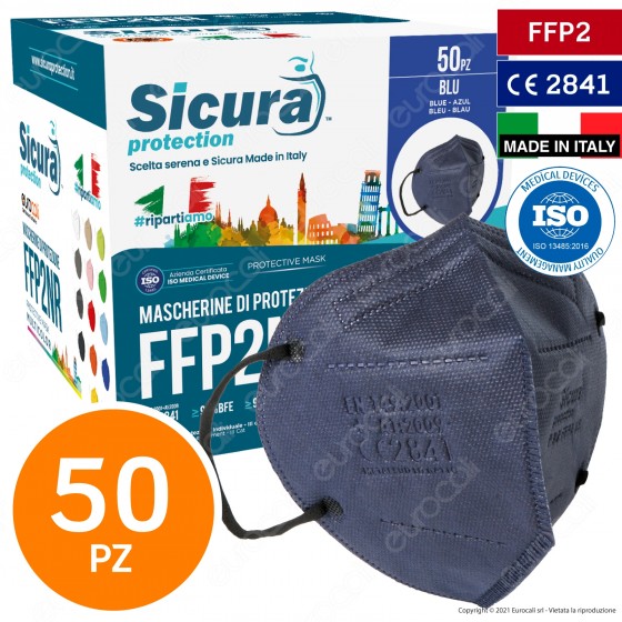 Sicura Protection 50 Mascherine Protettive Colore Blu Elastici Neri Fattore Protezione Certificato FFP2 NR in TNT Sicura Protection 50 Mascherine Protettive Colore Blu Elastici Neri Fattore Protezione Certificato FFP2 NR in TNT