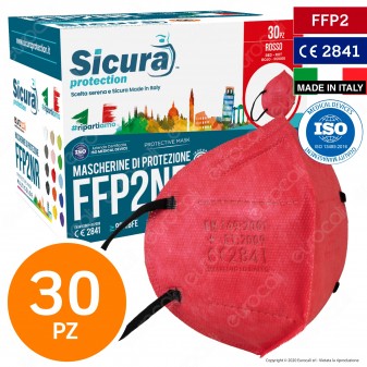 Sicura Protection 30 Mascherine Protettive Colore Rosso Elastici Neri Monouso Fattore Protezione Certificato FFP2 NR in TNT