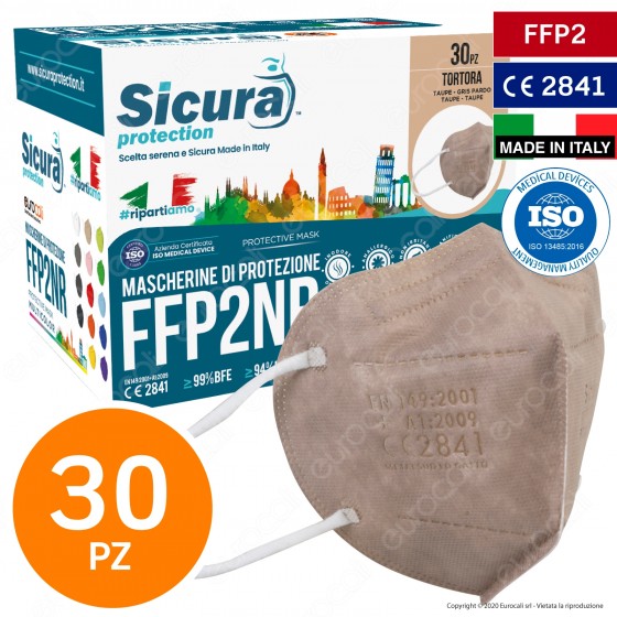 Sicura Protection 30 Mascherine Protettive Colore Tortora Monouso con Fattore di Protezione Certificato FFP2 NR in TNT
