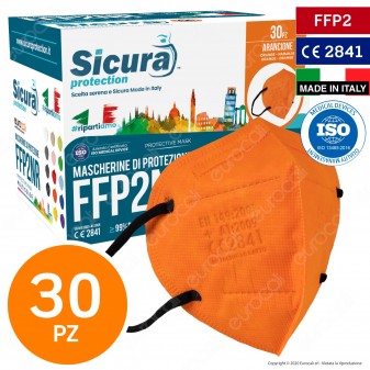 Sicura Protection 30 Mascherine Protettive Colore Arancione Elastici Neri Monouso Fattore Protezione Certificato FFP2 NR in TNT