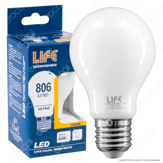 Life Lampadina LED E27 Filament 7W Bulb A60 Milky Vetro Bianco - mod.