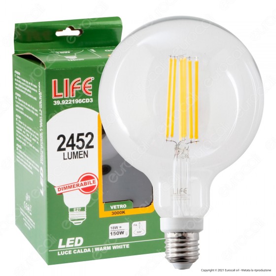 Lampadina LED E27 18W Globo G125 Filamento Dimmerabile Life