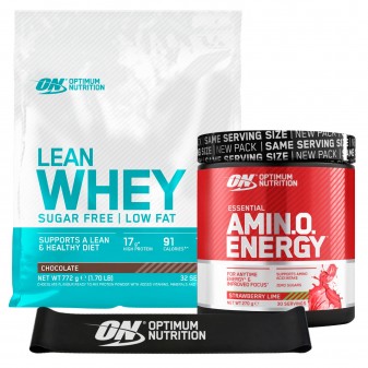 Optimum Nutrition Kit Proteine e Aminoacidi Lean Whey e Amino Energy Senza Zucchero con Elastico Fitness