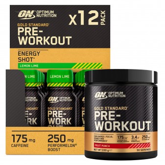 Optimum Nutrition Kit Gold Standard Pre-Workout Energy Shot Limone Lime 12 Flaconi e Pre-Workout in Polvere Frutta Mista 330g