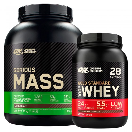 Optimum Nutrition Proteine Whey Serious Mass Cioccolato 2,73kg e Gold Optimum Nutrition Proteine Whey Serious Mass Cioccolato 2,73kg e Gold
