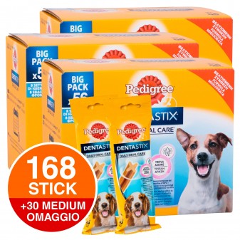 168 Pedigree Dentastix Small per l'igiene orale del cane - 3 Confezioni da 56 Stick + 30 Dentastix Medium in OMAGGIO